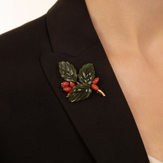 Mid-Century Austrian Nephrite Jade and Coral Holly Brooch