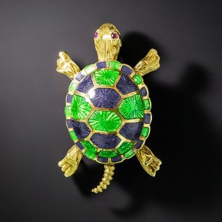 Mid-Century Blue and Green Enamel Turtle Brooch - 2