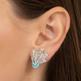 Mid-Century Blue Zircon and Diamond Clip Earrings By Ruser 