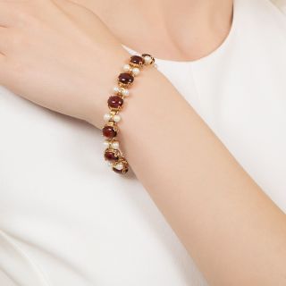 Mid-Century Cabochon Garnet And Pearl Bracelet