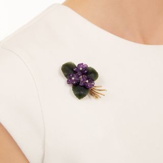 Mid-Century Carved Amethyst, Nephrite and Diamond Floral Brooch