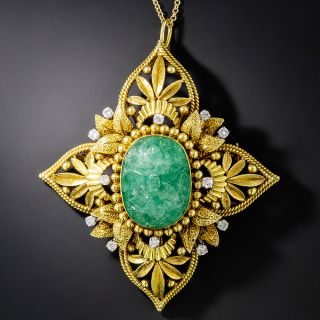 Mid-Century Carved Emerald and Diamond Pendant/Brooch - 2