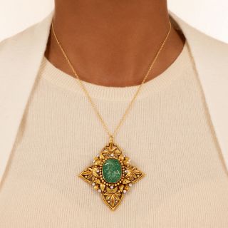 Mid-Century Carved Emerald and Diamond Pendant/Brooch