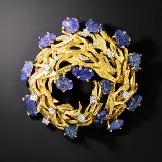 Mid-Century Carved Sapphire and Diamond Brooch By Haller Jewellery Co., London - 2