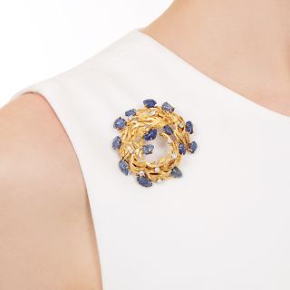 Mid-Century Carved Sapphire and Diamond Brooch By Haller Jewellery Co., London