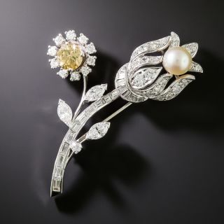 Cognac Diamond And Pearl Flower Brooch - 3