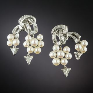 Mid-Century Cultured Pearl and Cascading Diamond Clip Earrings - 2