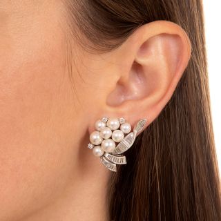 Mid-Century Cultured Pearl and Diamond Clip Earrings