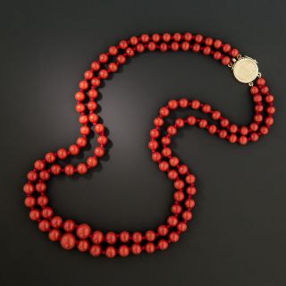 Mid-Century Double Strand Coral Bead Necklace - 1
