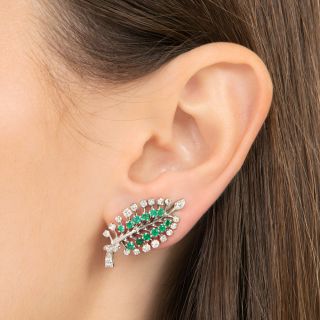 Mid-Century Emerald and Diamond Leaf Earrings