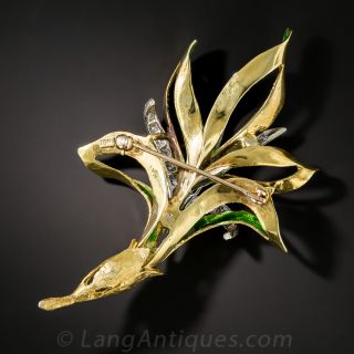 Mid-Century Enamel and Diamond Leaf Brooch