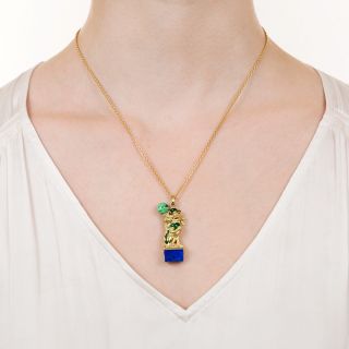 Mid-Century Foo Dog with Natural Jade and Lapis