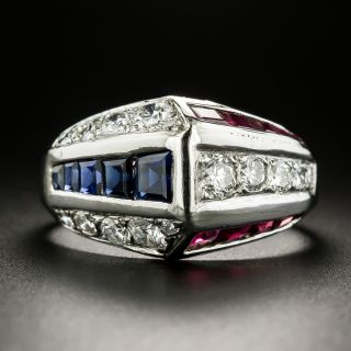Mid-Century Geometric Ruby, Sapphire and Diamond Ring - 3