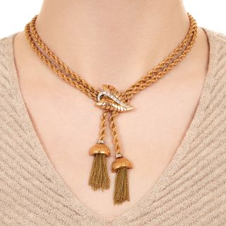 Mid-Century Gold Diamond Tassel Necklace 