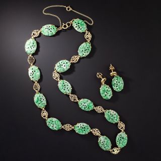 Mid-Century Jade Earring and Necklace Set - 2