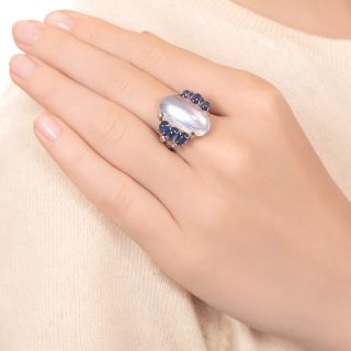 Large Art Deco Moonstone, Sapphire and Diamond Ring 