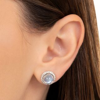 Mid-Century Moonstone and Diamond Halo Earrings
