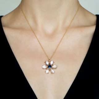 Mid-Century Moonstone and No-Heat Sapphire Flower Pendant