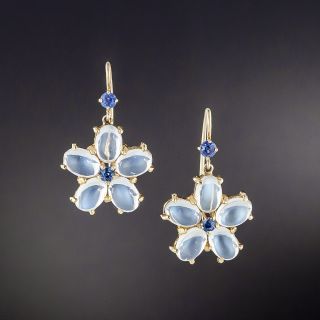Mid-Century Moonstone and Sapphire Flower Earrings  - 2