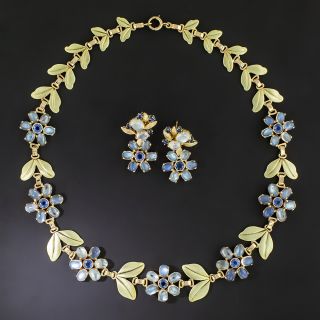 Mid-Century Moonstone and Sapphire Necklace and Earring Set - 2