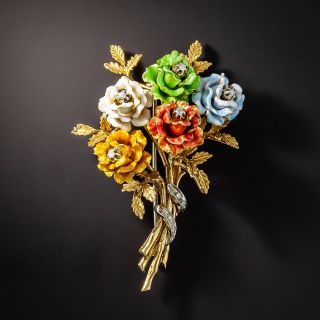 Mid-Century Multi-Color Enamel and Diamond Bouquet Brooch - 1
