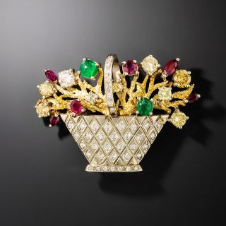 Mid-Century Multi-Gem and Diamond Flower Basket Brooch - 2