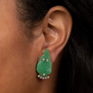 Mid-Century Natural Burmese Jade and Diamond  Leaf  Clip Earrings