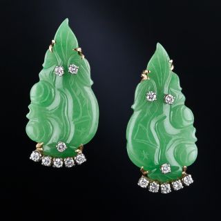 Mid Century Natural Burmese Jade and Diamond  Leaf  Earrings - 3