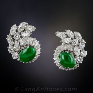 Mid-Century Natural Jade and Diamond Earrings - 1