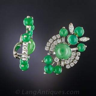 Mid-Century Natural Jade, Chrysoprase and Diamond Earrings