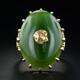 Mid Century Nephrite Jade and Gold Nugget Ring - 6