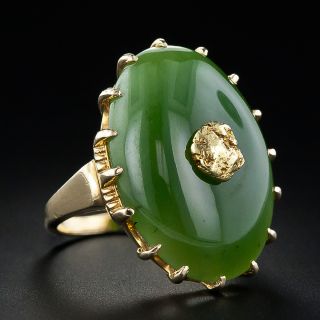 Mid Century Nephrite Jade and Gold Nugget Ring