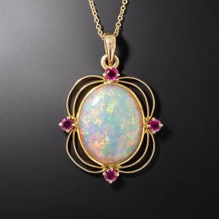 Mid-Century Opal And Ruby Pendant Necklace - 2
