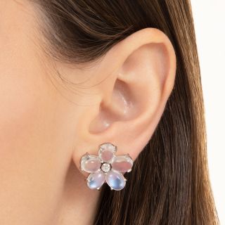 Mid-Century Palladium Moonstone Flower Earrings
