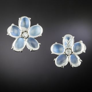 Mid-Century Palladium Moonstone Flower Earrings - 2