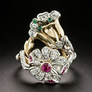 Mid-Century Ruby, Emerald and Diamond Flower Ring - 2