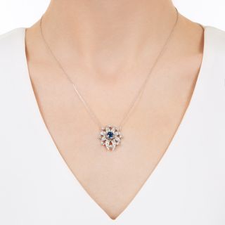 Mid-Century Sapphire and Diamond Flower Pendant