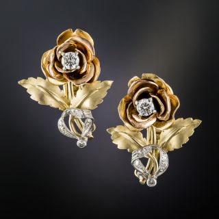 Mid-Century Tricolor Gold and Diamond Rose Earrings - 2