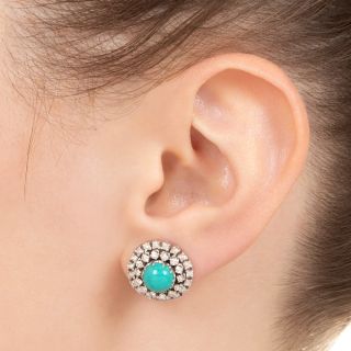 Mid-Century Turquoise and Diamond Halo Earrings