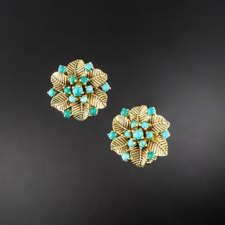 Mid-Century Turquoise Flower Earrings - 2