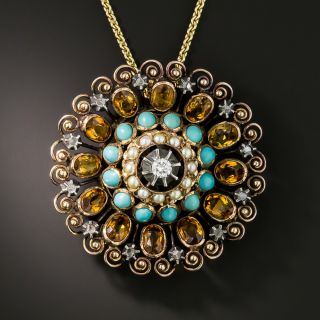 Mid-Century Turquoise, Pearl, Citrine and Diamond Brooch 