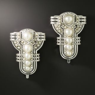  Mikimoto Art Deco Pearl and Diamond Dress Clips - 2