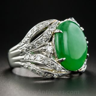 Natural Burma Jade Platinum and Diamond Ring