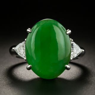 Natural Burmese Jade and Trillion-Cut Diamond Ring - 1
