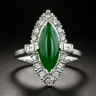 Natural Burmese Marquise Jade Cabochon and Diamond Ring - 3