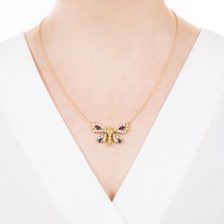 Natural Fancy Yellow Diamond, Ruby and Sapphire Butterfly Necklace