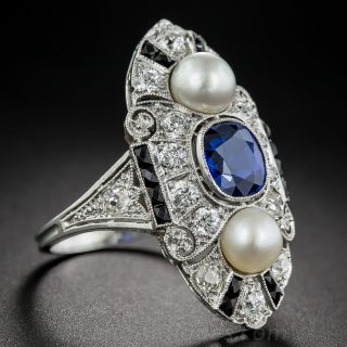 No-Heat Sapphire, Diamond, Natural Pearl Art Deco Dinner Ring