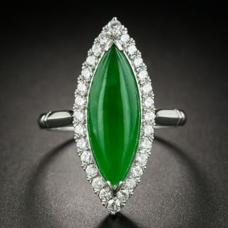 Navette Shaped Jade Cabochon and Diamond Ring - 1