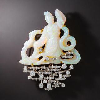 Opal Quan Yin Carving and Diamond Brooch - 2