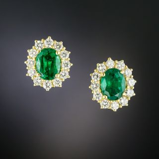 Oval Emerald and Diamond Halo Earrings  - 2